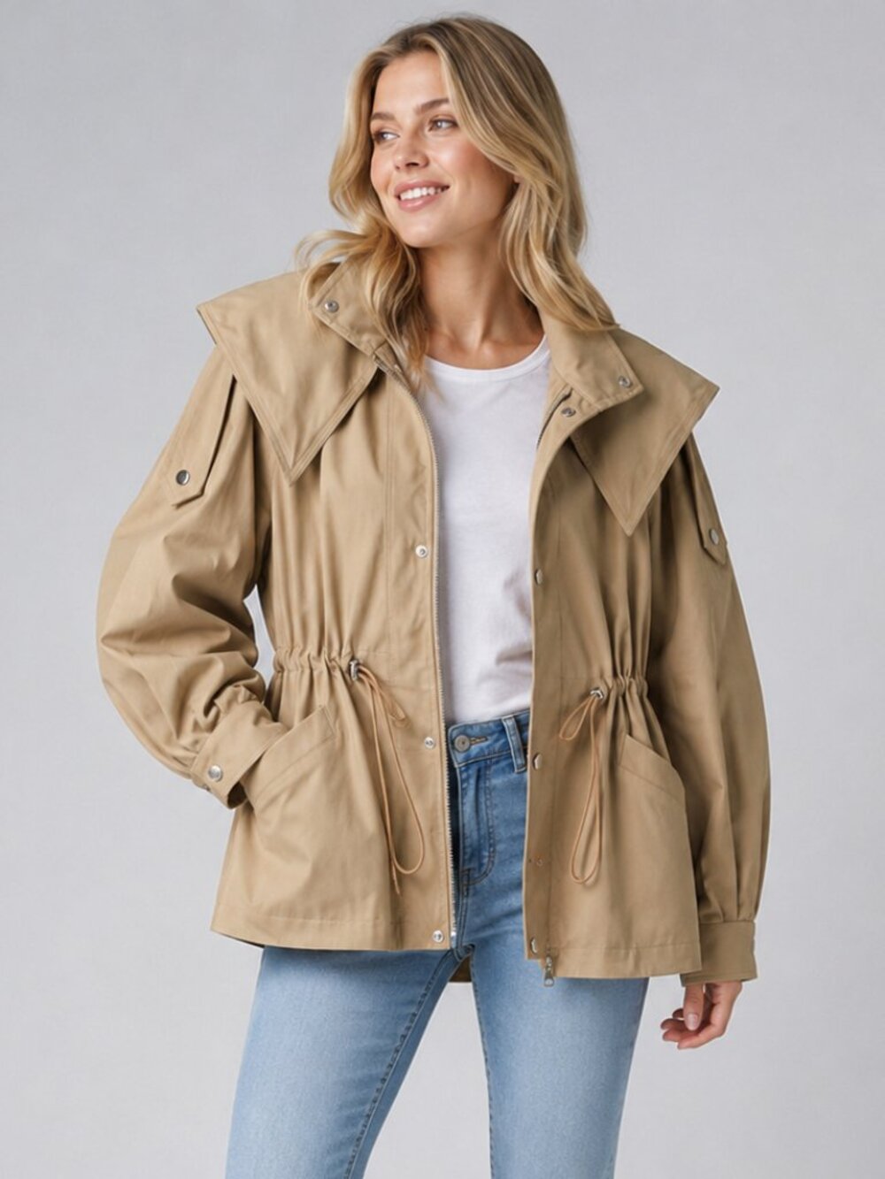 Women's Khaki Oversized Hooded Trench Jacket Drawstring Waist Utility Coat